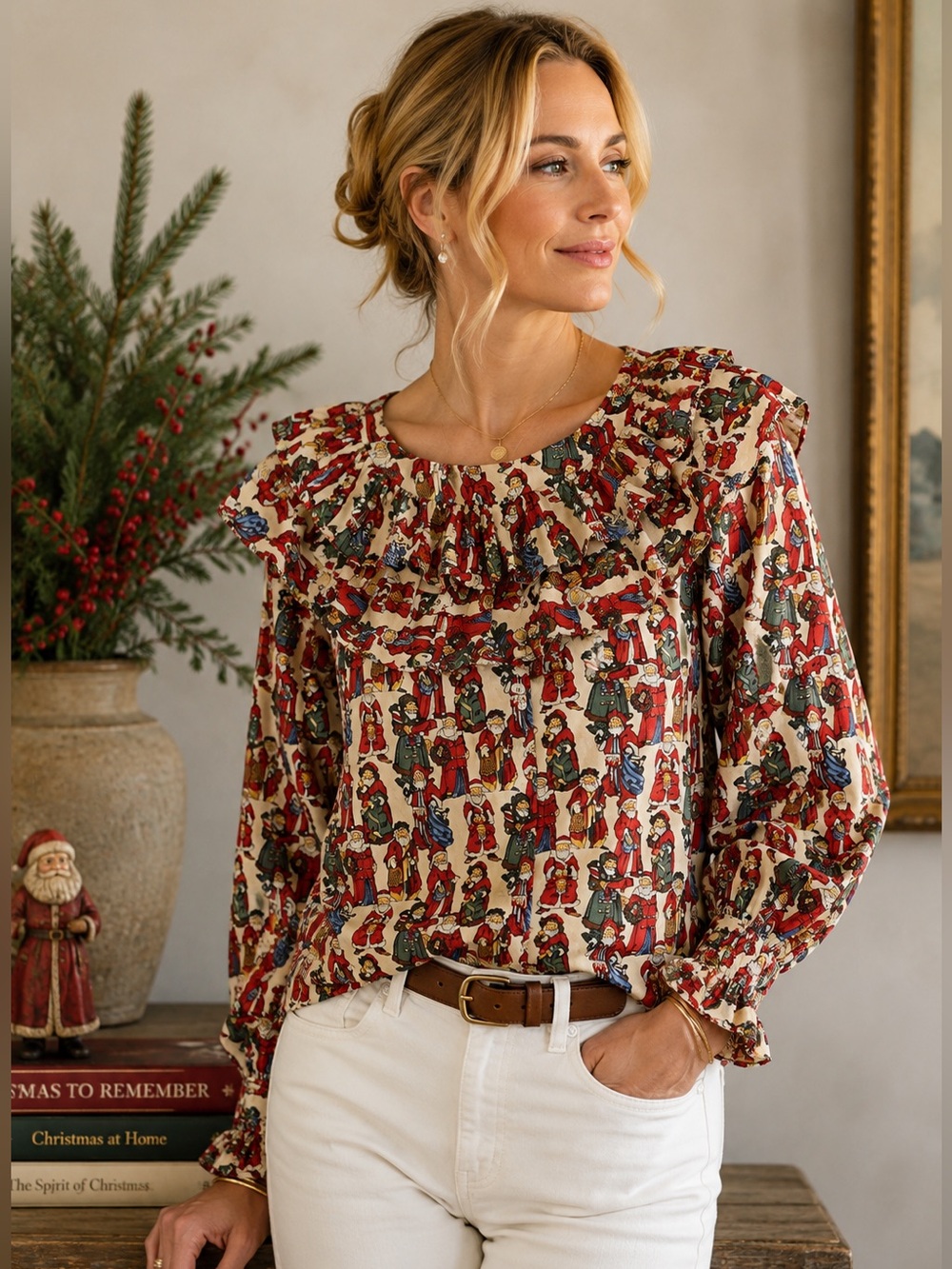 Vintage J. Yves Elliott Santa Print Christmas Blouse Ruffle Cotton USA Medium